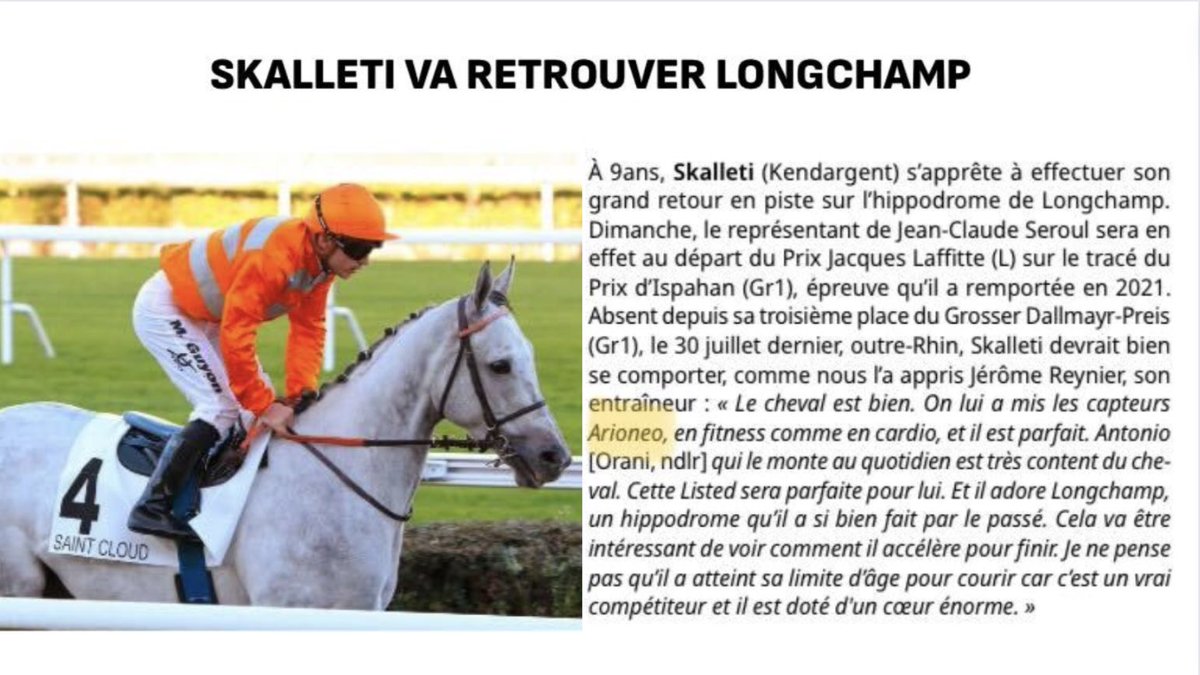 Dans le @Jour_de_Galop de ce matin, @EcurieReynier cite Arioneo dans sa stratégie d’entraînement pour Skalleti ! 🙏💥🏇 #Arioneo #Equimetre #horsedatascience #empoweryourexpertise