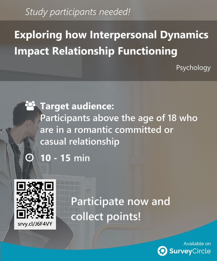 Participants needed for top-ranked study on SurveyCircle:

'Exploring how Interpersonal Dynamics Impact Relationship Functioning' surveycircle.com/J6F4VY/ via @SurveyCircle

#personality #EmotionalRegulation #communication #RelationshipSatisfaction #survey #surveycircle