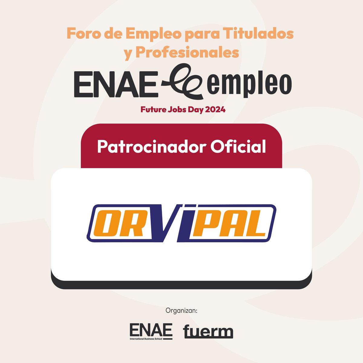 Orvipal's tweet photo. ¡Participamos en el Foro de Empleo de #ENAE el próximo jueves 18 de abril! 🎉 Estaremos presentes con nuestro stand y equipo de recursos humanos listos para conocerte.
No te pierdas nuestro emocionante sorteo, ¡todos los asistentes tendrán la oportunidad de ganar! https://t.co/jsPo4kVn5b