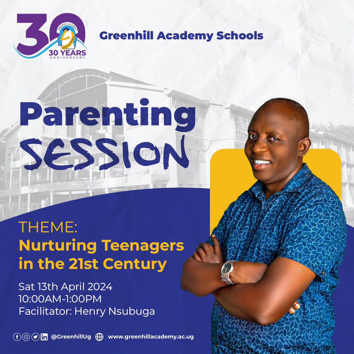 GreenhillUg's tweet photo. We are hosting a parenting session on ‘Nurturing Teenagers in the 21st Century’ on Saturday, April 13th from 10am-1pm. The facilitator will be Henry Nsubuga. This is a great opportunity to learn more about parenting teenagers in today's world.
#ParentingSession
#GreenhillSchools https://t.co/SrHx4nFwBa