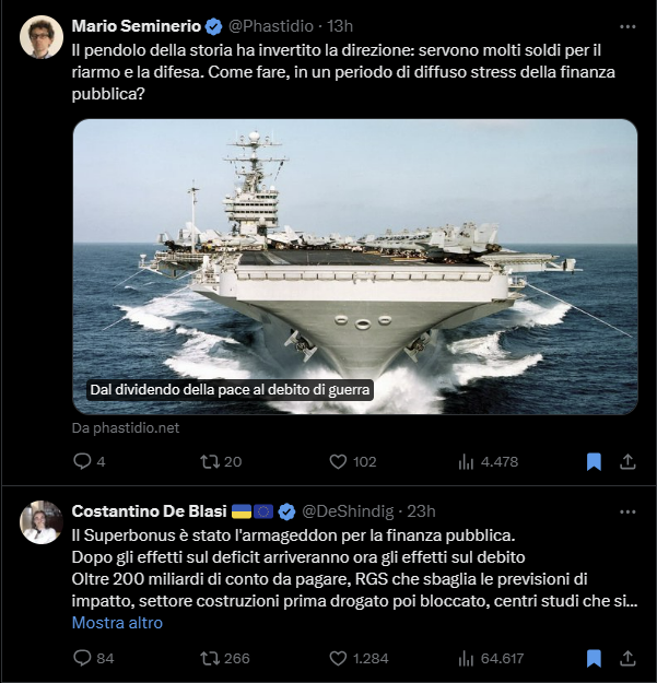 I liberali sono questa roba qui. 
Uno sconto fiscale (cedibile) applicato all'edilizia è l' armageddon della finanza pubblica.
Armare A DEBITO un'economia di guerra, invece, è cosa buona e giusta. 
#Superbonus