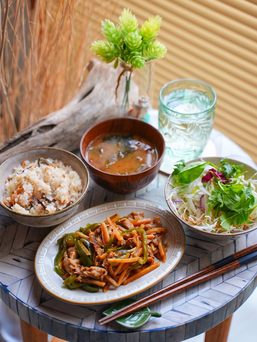 やーっと昼飯

油使わないで青椒肉絲
鮭と山菜で炊き込みご飯