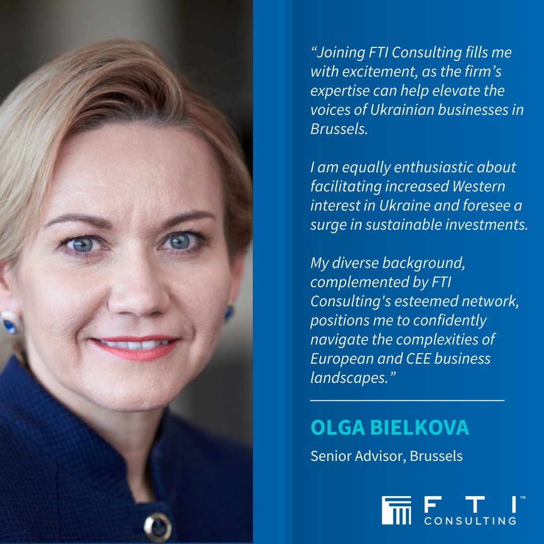 Today we welcome Olga Bielkova as Senior Advisor in Brussels, reinforcing our commitment to enhancing corporate affairs & public policy services in CEE markets. Read more: fticommunications.com/fti-consulting…