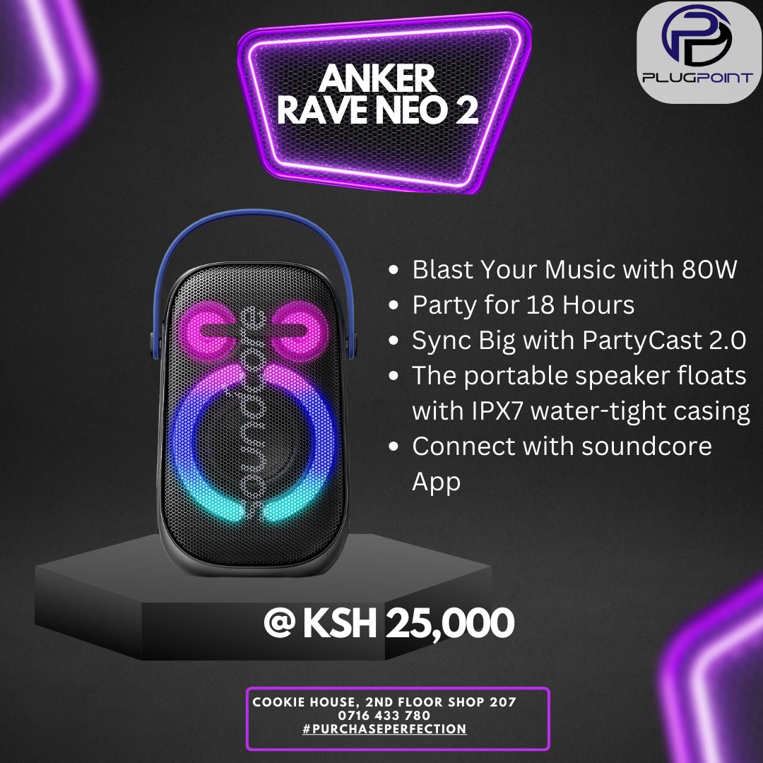 ANKER RAVE NEO 2 @ KSh25,000

Blast Your Music with 80W
Party for 18 Hours
Sync Big with PartyCast 2.0
The portable speaker floats with IPX7 water-tight casing
Connect with soundcore App

📍Cookie House, 2nd Floor Shop 207
📞0716 433 780
#PurchasePerfection