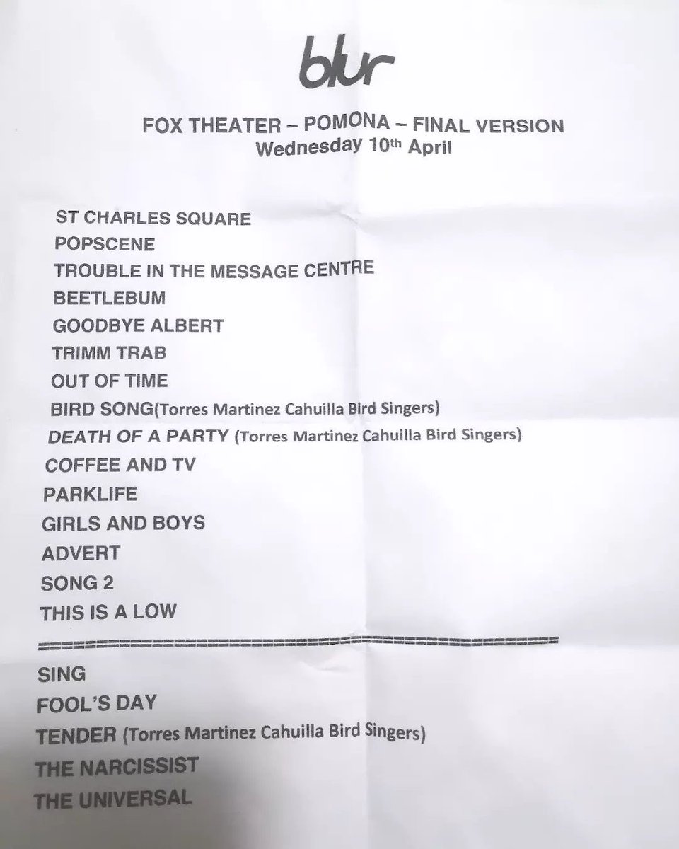 Setlist from @blurofficial Coachella warm-up show at @foxtheater in Pomona!
via Chelsea / tatsncatsx