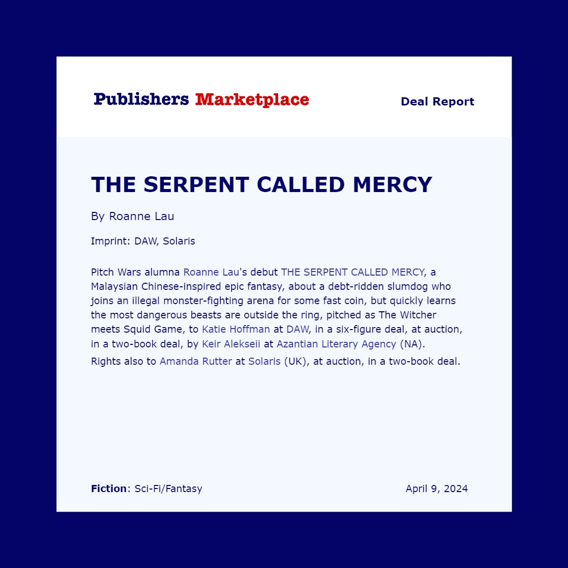 🎉big news🎉 I can finally share that my adult epic fantasy THE SERPENT CALLED MERCY sold at auction, and I now have two-book deals with both @dawbooks (North America) and @Solarisbooks (UK/Commonwealth)! woohoo! :)