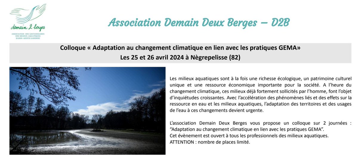 [#LifeEauClimat] Retrouvez le projet LIFE Eau&Climat au : ✅ colloque 'Adaptation au changement climatique en lien avec les pratiques GEMA' de #D2B ✅ 103e colloque de @_astee ➡️gesteau.fr/actualite/retr…