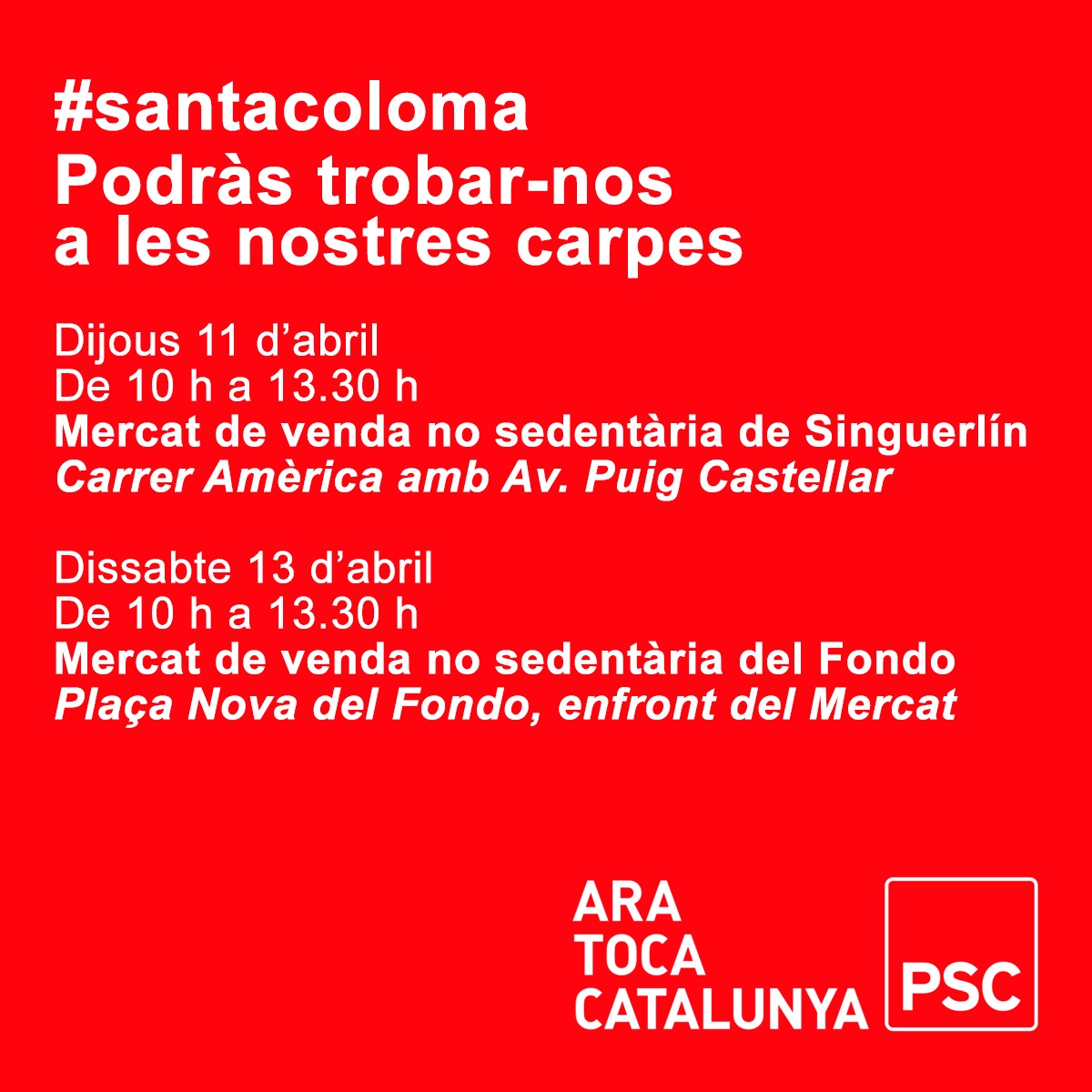 ☀️ Bon dia #santacoloma!!!
Vine a veure'ns a les nostres carpes d'aquesta setmana. 🌹