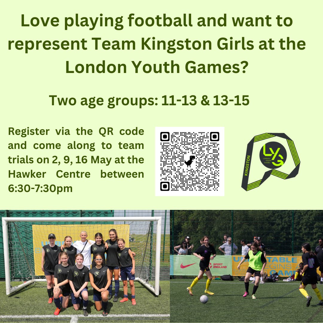 If you live or go to school in the borough of Kingston, are aged between 11-15 & love playing football, why not come along to our @ldnyouthgames #teamkingston girls football team trials. Register your interest via the QR code. @richmondparkfc