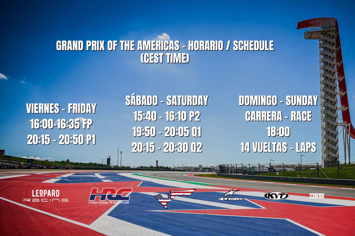 #𝐀𝐌𝐄𝐑𝐈𝐂𝐀𝐒𝐆𝐏 🇺🇸 Good morning! Aquí tenéis los horarios para el fin de semana Good morning! Here are the schedules for the weekend #Moto3 #Adrian31 #MotoGP #BeLe0pard