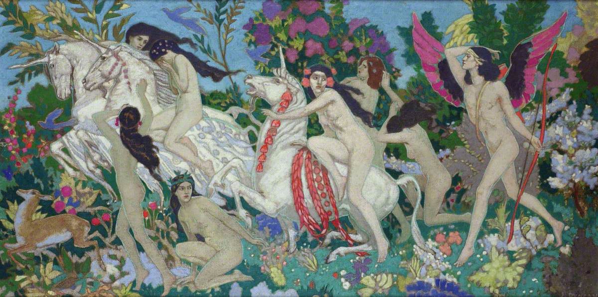 🦄 Today's #OnlineArtExchange is mythical creatures for @PerthMuseumUK's reopening & Unicorn exhibition, which explores Scotland’s national animal 👉 ow.ly/2Krg50Rb8sv 'The Unicorns' by John Duncan (1866–1945) 📸 Dundee Art Galleries and Museums Collection @McManusDundee