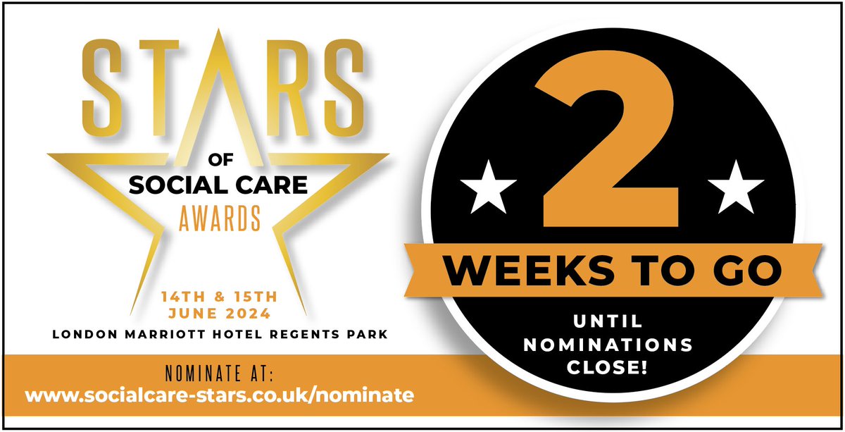 2 WEEKS to go before nominations close for 🌟 JOSIE GIBSON’S 🌟 Stars of Social Care Awards! Don’t delay .. get your nominations in at at bit.ly/3iuvXCW A duo of 2 glittering events for the home care & care home sector place 14 & 15 June 2024 #SocialCare…