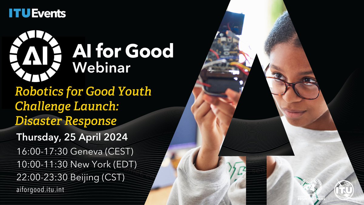 Don't miss out on the launch of the #RoboticsforGood Youth Challenge 2024-2025: Disaster Response with experts from @squishyrobotic & @UNDRR! Learn how they are building robots addressing sustainable development challenges in this #AIforGood Webinar. 🌐 loom.ly/ULdTIZI