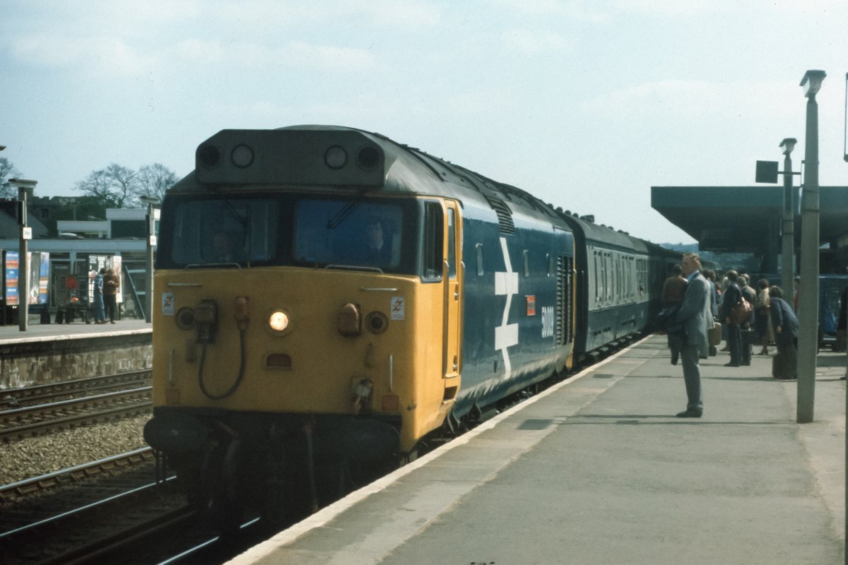 #ThrowbackThursday - 1 Looking resplendent in its very recently applied large logo blue livery, 50009 arrives at Oxford on Saturday 17th April 1982 with what is about to become a well-loaded 1M07, 1350 Paddington - Liverpool Lime Street.