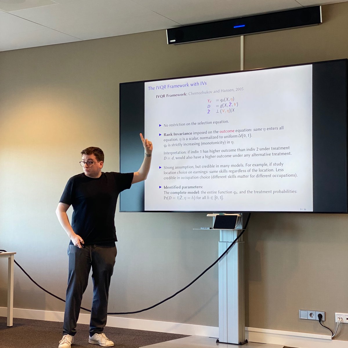 Christophe Bruneel @FEBkuleuven is on campus presenting his newest work on 'semi'-IVs The typical exclusion restriction in IV estimation is unnecessarily strong! Christophe relaxes it, focusing on a weaker exclusion applied separately to y(1) and y(0) cbruneel.com