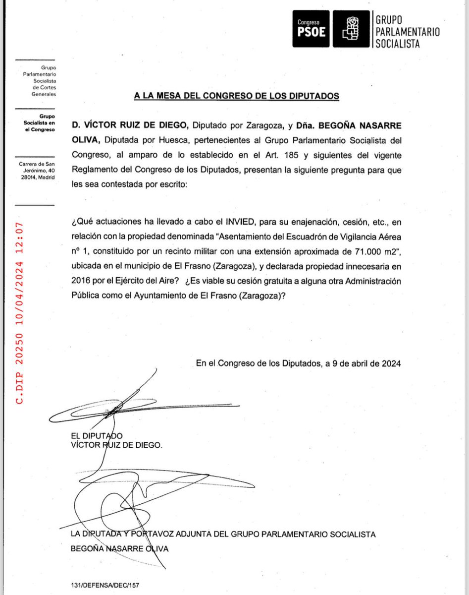 📷 Un ejemplo de mi trabajo parlamentario en el @Congreso_Es como miembro del @gpscongreso
🏛 PREGUNTA PARA RESPUESTA ESCRITA, en relación con el Asentamiento del Escuadrón de Vigilancia Aérea n° 1 del @ejercitodelaire en el municipio de #ElFrasno (Zaragoza)
@psoe  @psoecalatayud