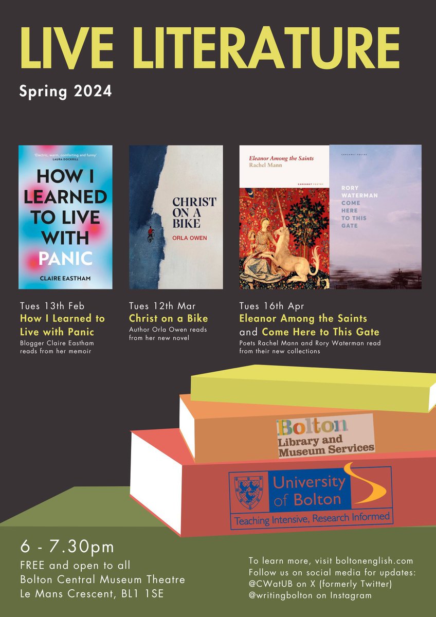 Live Literature returns next week, Tues 16 April, 6-7:30pm! Join us to hear poets @RoryWaterman and @RevRachelMann read from their new @Carcanet collections 👌 Free, with no need to book. 6pm start @BoltonLMS (Bolton Central Library Theatre, BL1 1SE) 📚 manchestercityofliterature.com/event/live-lit…