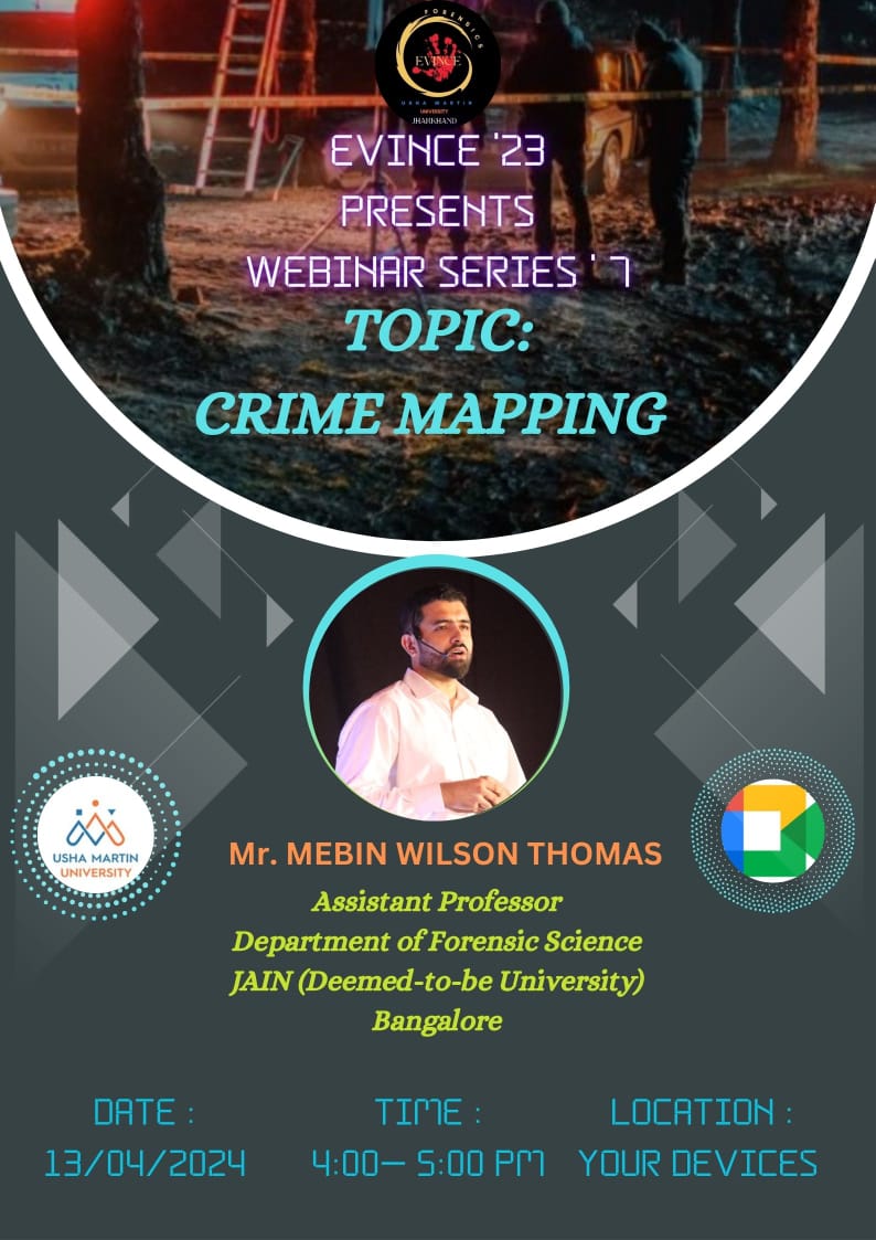 forensicUMU's tweet photo. Crime Mapping: Understanding Patterns, Enhancing Safety.
Unlock the secrets of crime mapping in our EVINCE Webinar Series 07. 
Speaker: Mr. Mebin Wilson Thomas
Venue:    Your Gadget
Link :      https://t.co/xPNqYcN1iV
Date:      13-04-2024
Time:      4pm IST https://t.co/8oklqGJkDN