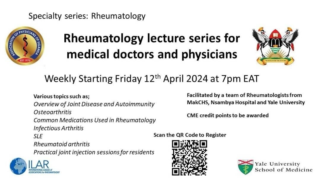 🔥 A great opportunity to learn from experts of Rheumatology. Learn from the best! *Earn great CPDs!* *Every Friday at 19h00 EAT starting April 12th to June 21st 2024* @NsambyaHospital @makchssa @YaleMed @UgandaPhysician *Register Here👉🏿* ycci.co1.qualtrics.com/jfe/form/SV_eJ…