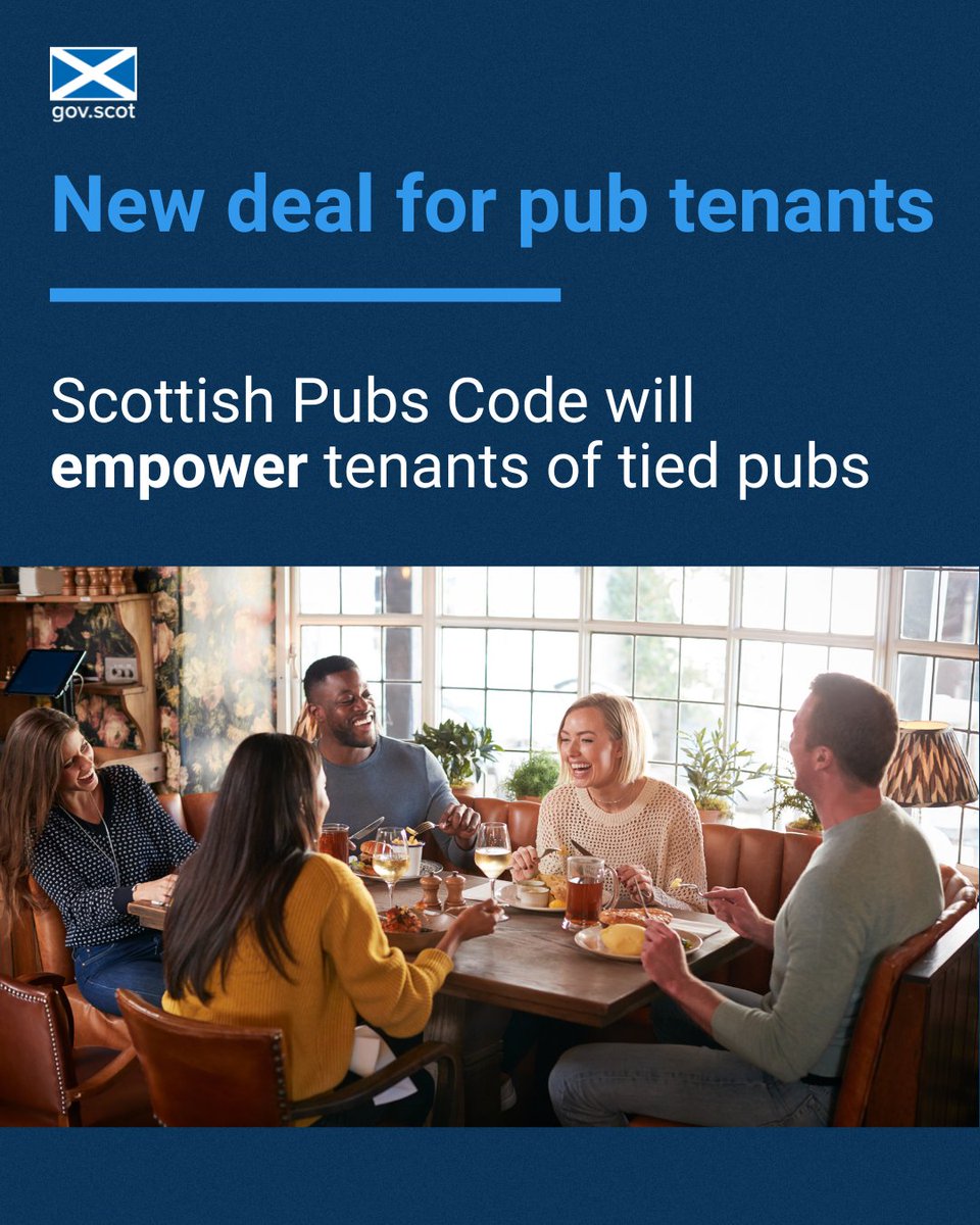 .@scotgov is taking action to improve the rights of tied pub tenants. The Scottish Pubs Code will empower eligible tenants to: 🔵 Sell a guest beer 🔵 Switch to a market rate lease and purchase products from any supplier Find out more ➡️ gloo.to/F6rZ