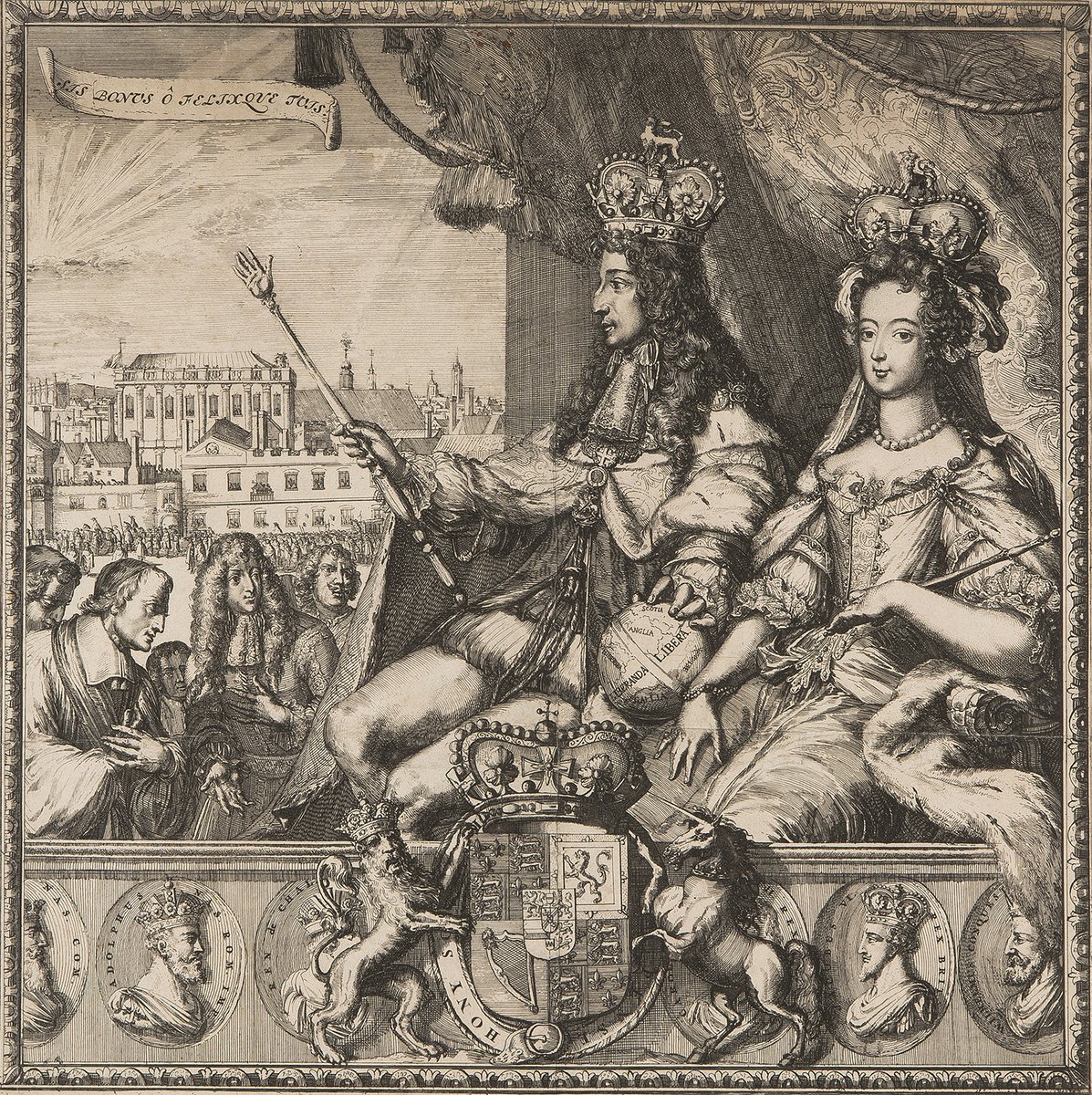 #Onthisday in 1689 William III and Mary II were crowned together at @wabbey 👑 They ruled jointly from 1689 until Mary’s death in 1694. 🎨 The arrival of William III and Mary II at Whitehall in 1688. The Banqueting House and Whitehall Palace can be seen in the background!