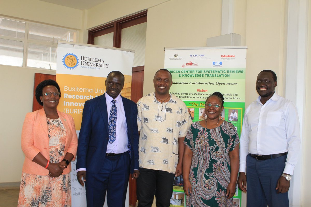 Dr. Alison Kinengyere (L), Librarian @MakerereCHS, @Makerere with Prof. Paul Wako (second left), Vice Chancellor @BusitemaUni and other members of staff during the official opening of the Systematic Review Workshop @BusitemaUni. @CuulibrariesU