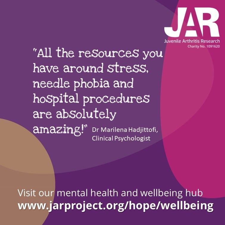 'All the resources you have around stress, needle phobia and hospital procedures are absolutely amazing!' Dr Marilena Hadjittofi, Clinical Pyschologist. Find our mental health and wellbeing hub at jarproject.org/hope/wellbeing #ThinkJIA #JIA #JIAUK #ChildrenGetArthritisToo #arthritis