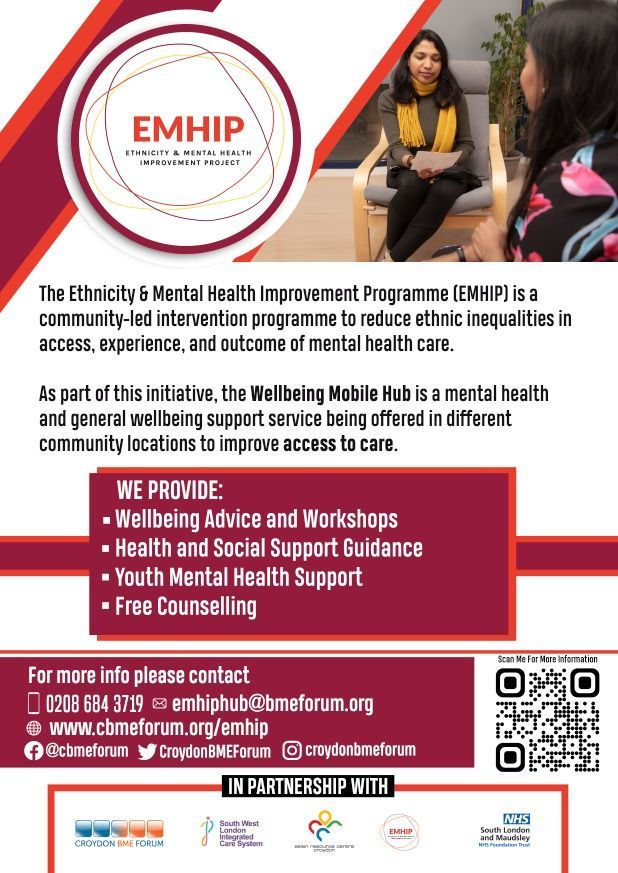 Ethnicity & Mental Health Improvement Programme EMHIP is community-led intervention programme to reduce disparities & bring about change for Black Asian & Minority Ethnic people in mental health. We provide Wellbeing advice, Health & Social, FREE Counselling Rasheed@bmeforum.org