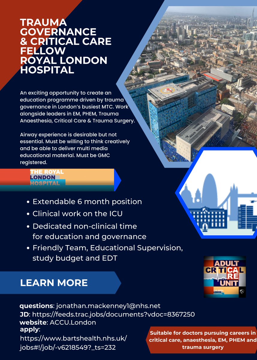 Exciting opportunity for doctors to join @teamaccu Royal London Hospital. Please share with people who might be interested! #criticalcare #phem #anaesthesia #emergencymedicine #trauma