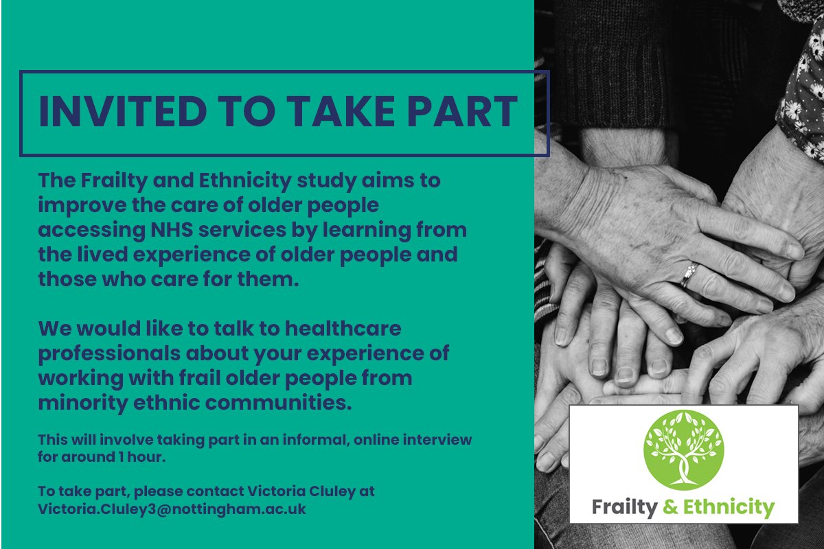 📣 Calling all healthcare professionals! We'd like to talk to healthcare professionals about your experience of working with frail older people from minority ethnic communities as part of the Frailty & Ethnicity project. Find out more ⤵️ liverpool.ac.uk/sociology-soci… @victoriacluley