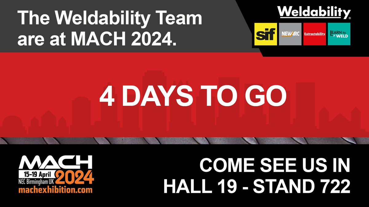 learn_to_weld's tweet image. Just 4 days left until MACH conference begins! Don&apos;t miss out on the opportunity to meet the Weldability team at Hall 19 - Stand 722 and dive into the future of welding technology. Register for FREE: buff.ly/3TIQ0fr 

#manufacturing #engineering #mfg