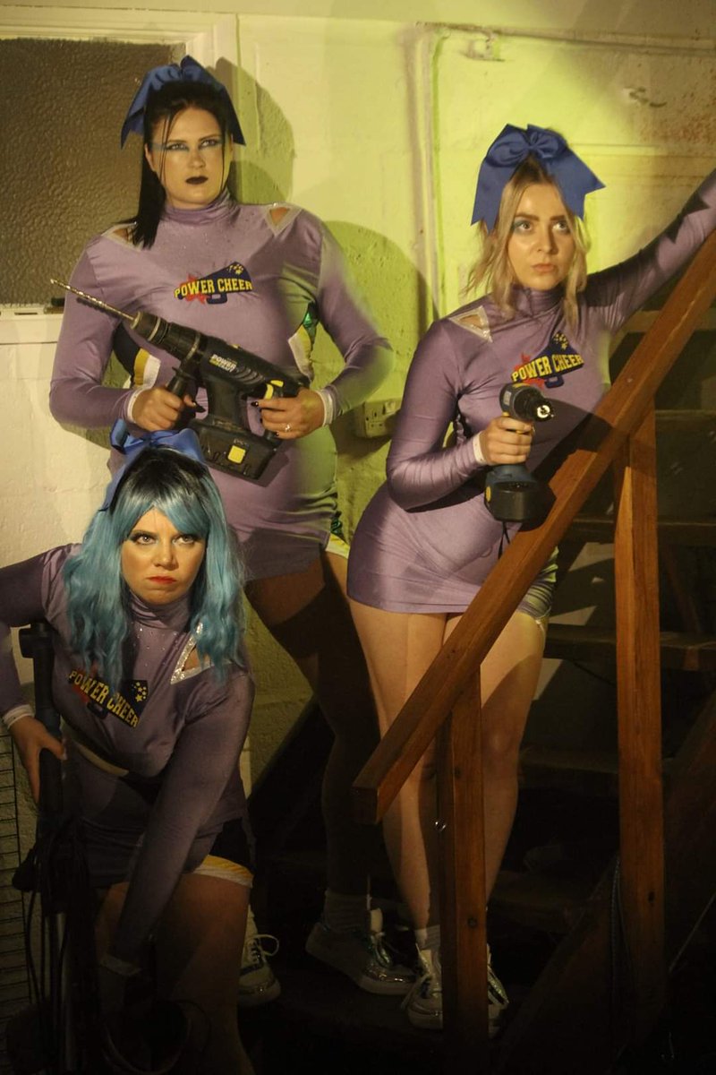 Three of the Powertool Cheerleaders prepare for action in our gory, funny singalong horror comedy. It's out on GoogleTV and YouTube Movies in the US/UK right now! We think you'll love it. #horror @PromoteHorror