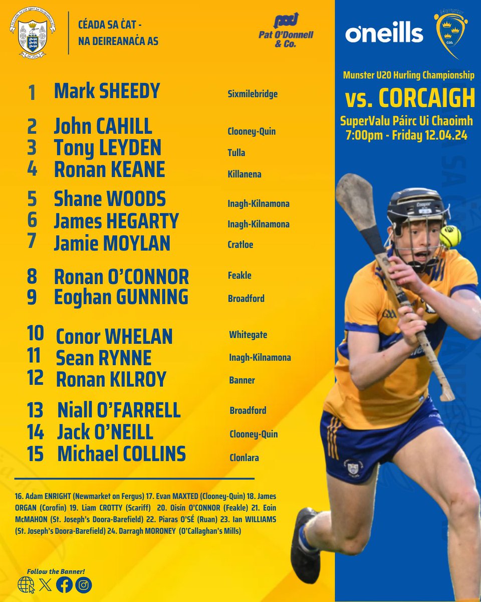 Clare’s U20 hurlers take on Cork in Supervalu Páirc Ui Chaoimh this Friday night in Round Two of the @ONeills1918 @MunsterGAA Hurling Championship. 

Ticket and streaming can be purchased at  munster.gaa.ie/event/2024-one…

Best of luck lads 🟡🔵🟡