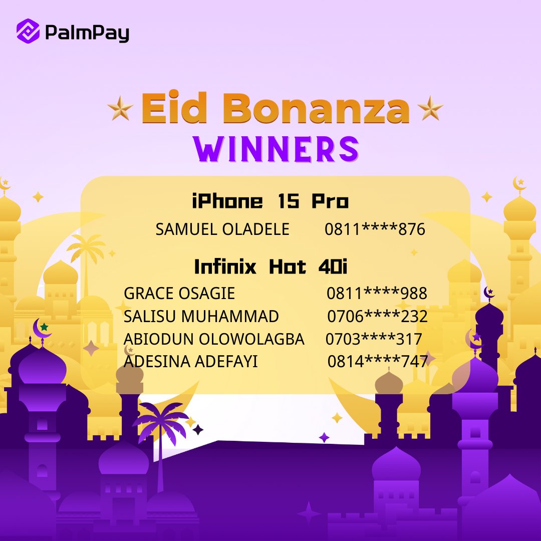 Congratulations to the winners so far of our Eid Bonanza! The giveaways still continue though. Here is how you too can win something for yourself. Just follow the steps and you could be the lucky winner of one of our prizes. Get started here: bit.ly/PalmPayEid…