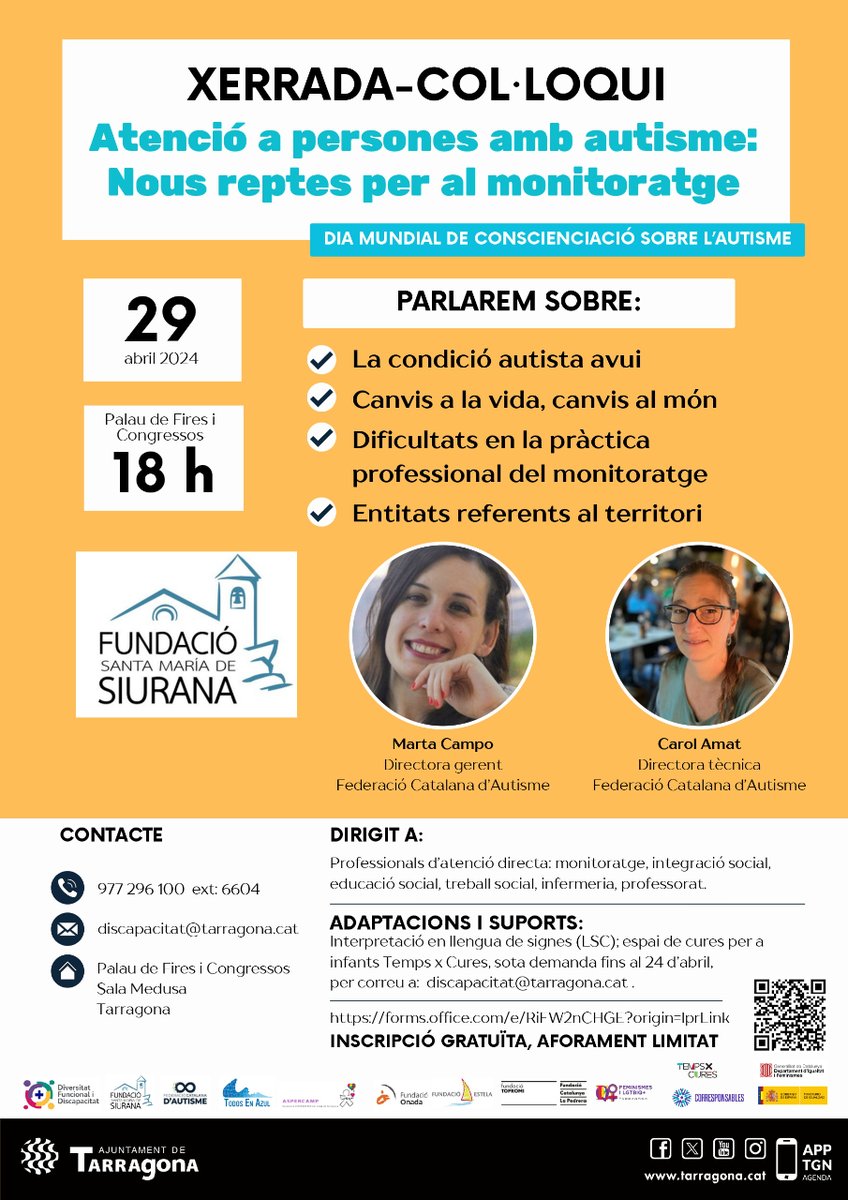 XERRADA SOBRE L’AUTISME 🩵 29 d'abril | Xerrada “Atenció a persones amb autisme: Nous reptes per al monitoratge” . L’esdeveniment està dirigit a professionals d’atenció directa. Inscripció gratuïta, aforament limitat 👉 i.mtr.cool/ggyixerikk #palautgn #tarragona #autisme #imet