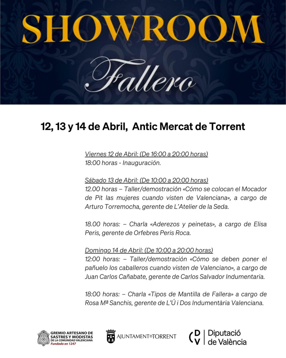 ⏰ Horaris, tallers i xarrades en el I Showroom Faller en l'Antic Mercat de Torrent. 🗓 12, 13 i 14 d'abril de 2024. 📌 Inauguració, Divendres 12 d'abril a les 18:00 hores. ℹ Més info: acortar.link/MIGkS8