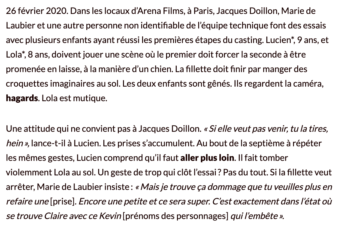Des enfants de 7 à 9 ans. Des questions, de la minimisation voire de la culpabilisation sur leur harcèlement à l'école. Des improvisations qui se basent sur leur vécu. Et des essais où il faut mimer un animal mangeant à terre. Révélations sur les coulisses de CE2 dans <a href="/Politis_fr/">Politis</a>