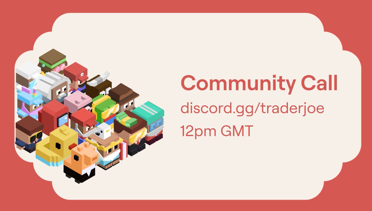 It's Community Call Day 🎇 Every Thursday Trader Joe hosts a community call in the Trader Joe Discord. Tune in to hear the latest from across the ecosystem. 🗞️ Topics: • Reminders • Partner Updates • Liquidity Book V2.2 • Memecoin Rush Epoch 2/3 📌 When: • Today! • 12pm…