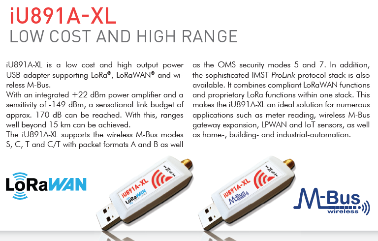 IoTbyIMST's tweet photo. The new #iU891A USB stick supports #LoRaWAN and #wirelessMBus and operates in the unlicensed 868/915MHz band.
The outstanding RF performance makes it an ideal solution for #smartmetering applications connecting water, heat, electricity or gas meters with data concentrators.
#ew24 https://t.co/AeTFEnwdRv