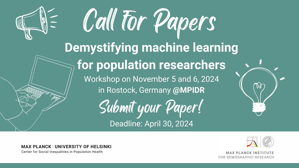 📣Call for papers‼️ @AngelaCarollo89 @waapol & Mikko Myrskylä invite submissions for the workshop 'Demystifying #machinelearning for population researchers' which aims to clarify goals, techniques, & applications of #ML methods for population research. demogr.mpg.de/en/news_events…