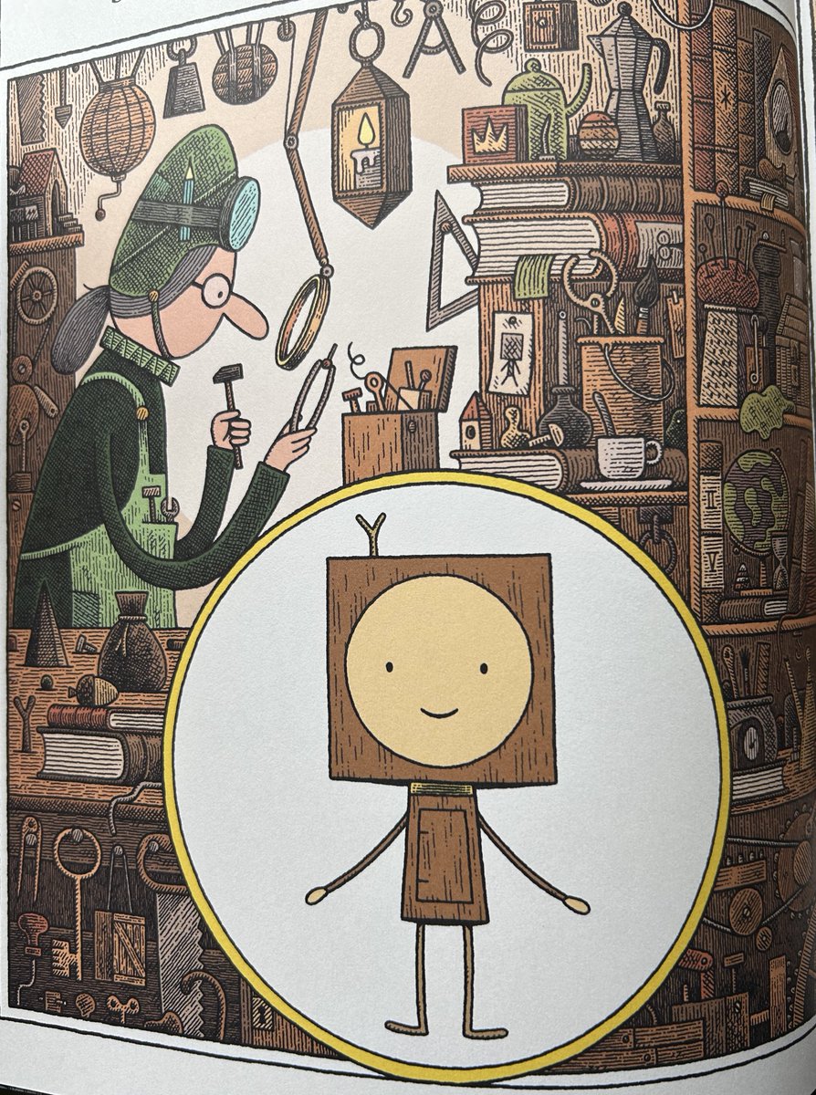 #NewIllustrationoftheDay. An inventor makes a wooden robot in The Little Wooden Robot and the Log Princess by US cartoonist @tomgauld. Bringing together scrupulous exactitude and intiguing profusion. The fairy tale adventure is now in paperback. @templarbooks