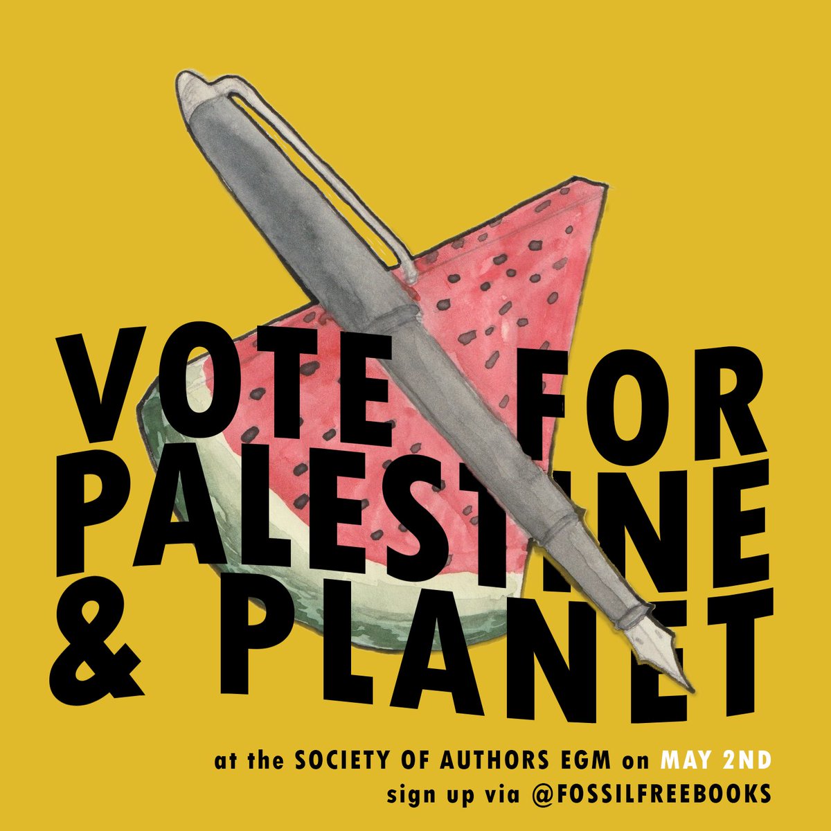 Are you voting for Palestine & Planet?? 🇵🇸✒️🍉 Join us at the Society of Authors EGM, 2nd May 5-7pm BST. We're asking everyone who supports the motions to share these graphics! 📨 Illustration by Sieve Bonaiuti. 1/2