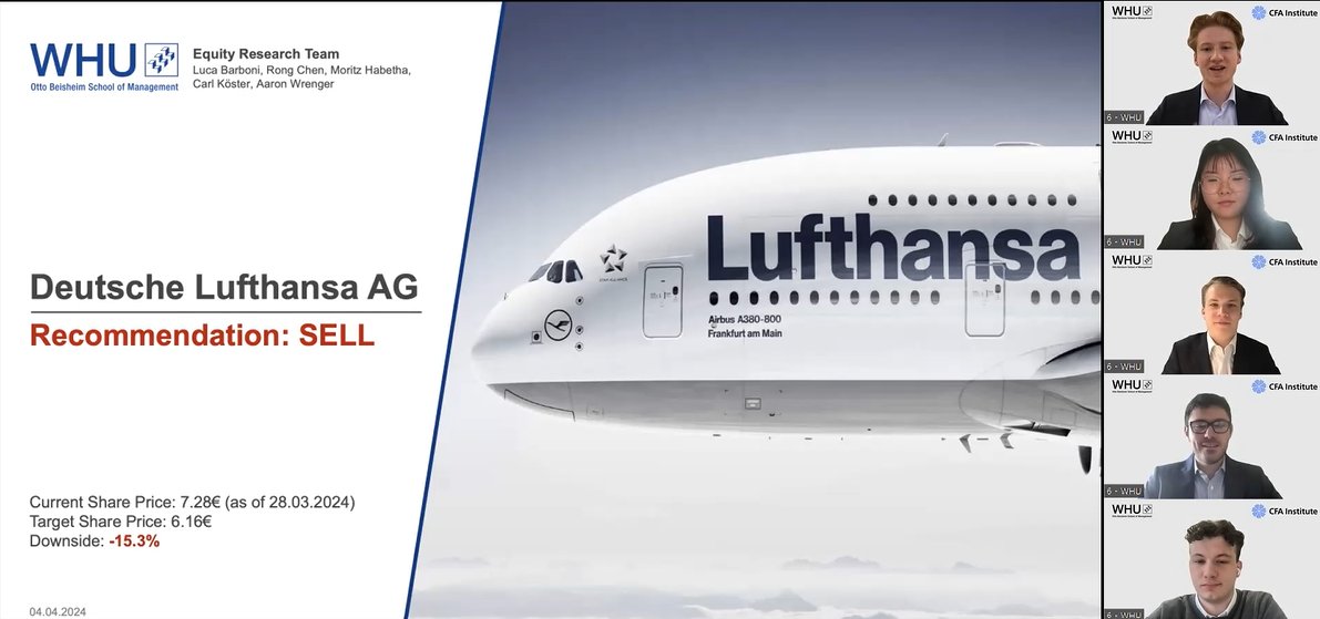 The WHU research team competing in the CFA Institute Research Challenge has done it again! By improving their analysis and presentation of their financial analysis and company valuation of Lufthansa, the team has won the EMEA finals. Read more: t.ly/fu21s #myWHU