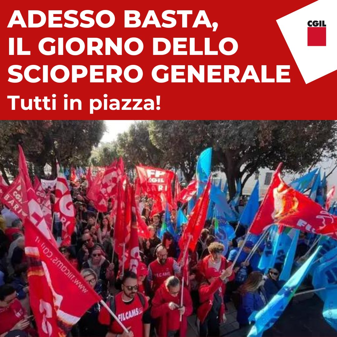 🟥 Oggi #sciopero generale: stop di quattro ore nei settori privati, esteso a otto in molte realtà. Lottiamo per zero morti sul lavoro, un fisco più giusto e per cambiare modello di sviluppo. ▶️tinyurl.com/ejvjku38 #AdessoBasta