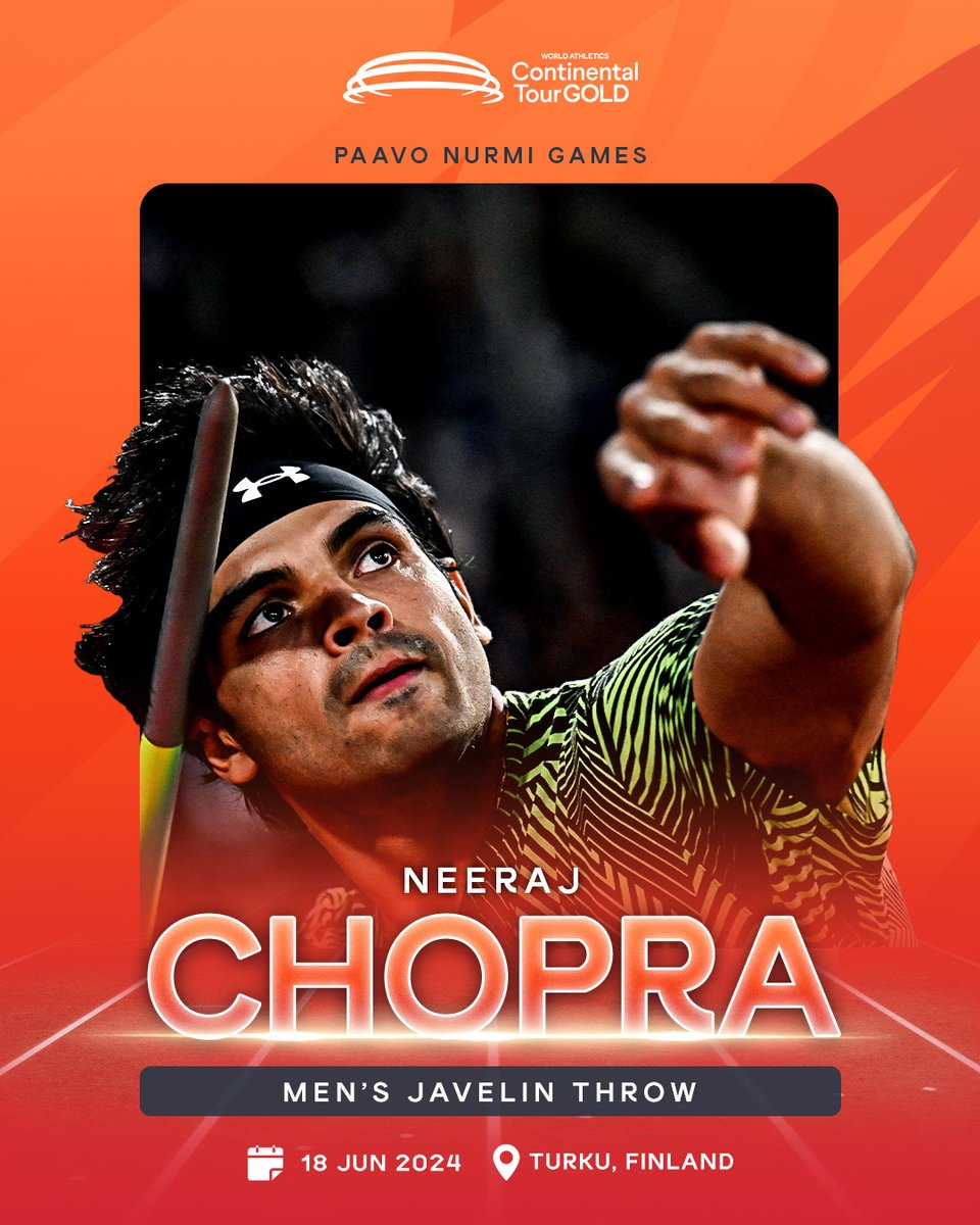 The world and Olympic javelin throw champion is heading to Turku ‼️

Catch 🇮🇳's @Neeraj_chopra1 at the @paavonurmigames on 18 June 🤩

#ContinentalTourGold