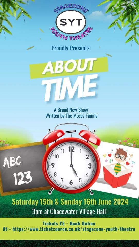 We are so excited about this new musical show “About Time”. Tickets are £5 each.  Book online here:-  

ticketsource.co.uk/stagezone-yout…
#truro #musicalshow #kidsshow #youththeatre @theatrenetwork_ @artsonthemoveco @TruroNubNews #Cornwall #bookonline