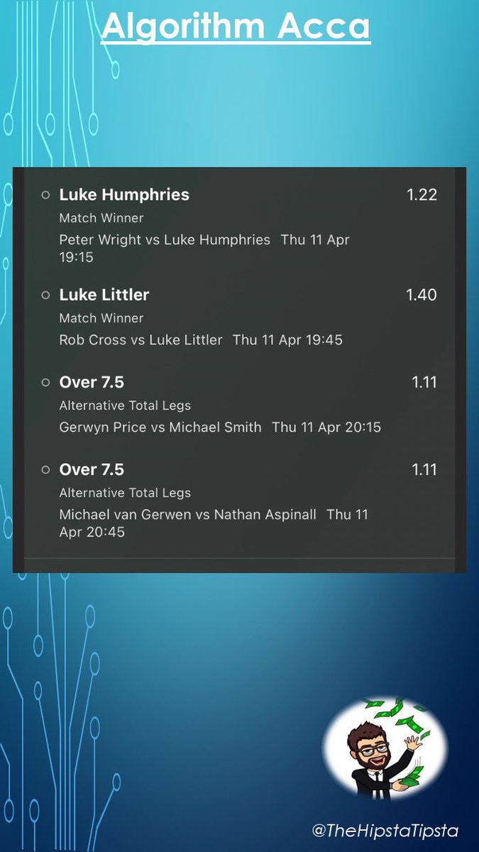 Thursday’s FREE PDC Darts Algorithm Acca 🎯 

Peter Wright v Luke Humphries 🏴󠁧󠁢󠁳󠁣󠁴󠁿 🏴󠁧󠁢󠁥󠁮󠁧󠁿 
Rob Cross v Luke Littler 🏴󠁧󠁢󠁥󠁮󠁧󠁿 🏴󠁧󠁢󠁥󠁮󠁧󠁿 
Gerwyn Price v Michael Smith 🏴󠁧󠁢󠁷󠁬󠁳󠁿 🏴󠁧󠁢󠁥󠁮󠁧󠁿 
Michael Van Gerwen v Nathan Aspinall 🇳🇱 🏴󠁧󠁢󠁥󠁮󠁧󠁿