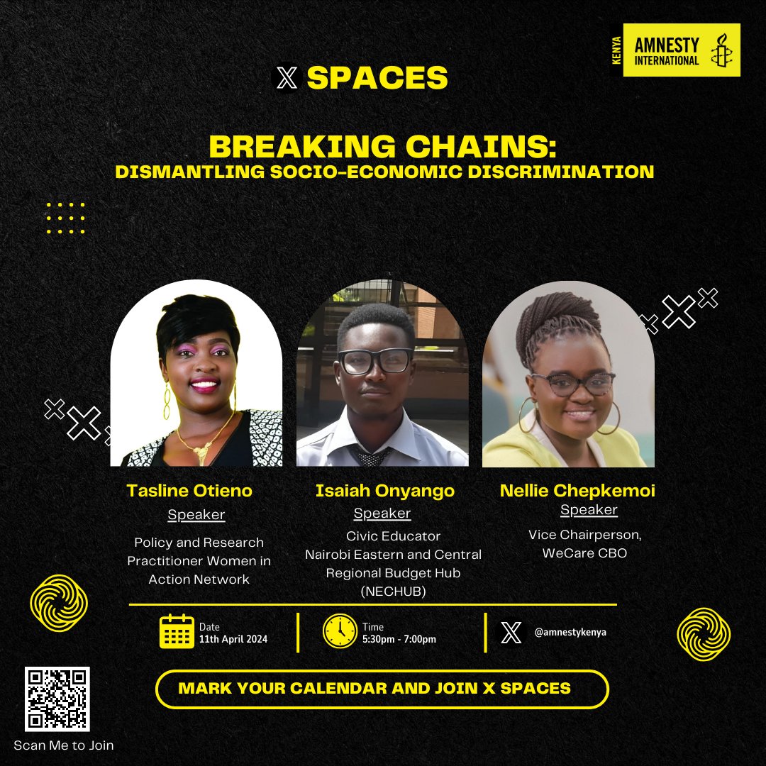 AmnestyKenya's tweet photo. Join our X spaces “Breaking Chains” as our panel of speakers endeavor to illuminate and raise awareness about discrimination based on socioeconomic status, and engage in dialogue on effective strategies to combat this form of discrimination #MyHumanisMyID 
https://t.co/xut8oeOGWA https://t.co/VwmzpiH9BS