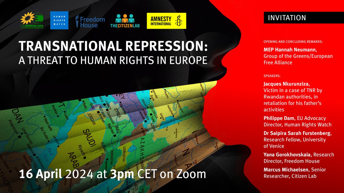 🚨🗓️Save the date - 16th April, 15:00 CET. Join @HRW, @amnesty, @citizenlab and @freedomhouse to discuss transnational repression. Opening remarks from @HNeumannMEP, followed by panel discussion with victims and experts. ✅Sign up at hrworg.zoom.us/webinar/regist…