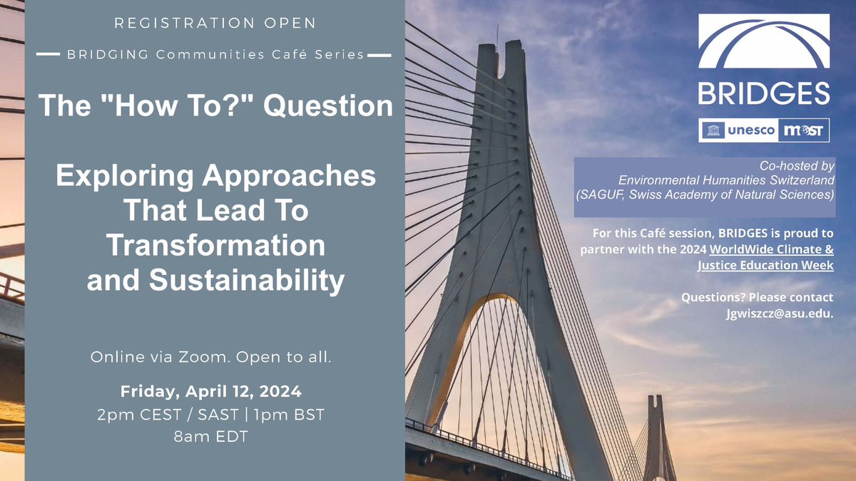 Taking place Tomorrow! Register to join us at our Bridges Sustainability Science Coalition Communities Café Session! The “How To?” Question: Exploring Approaches that Lead to Transformation and Sustainability. Registration site: actionnetwork.org/events/the-how…